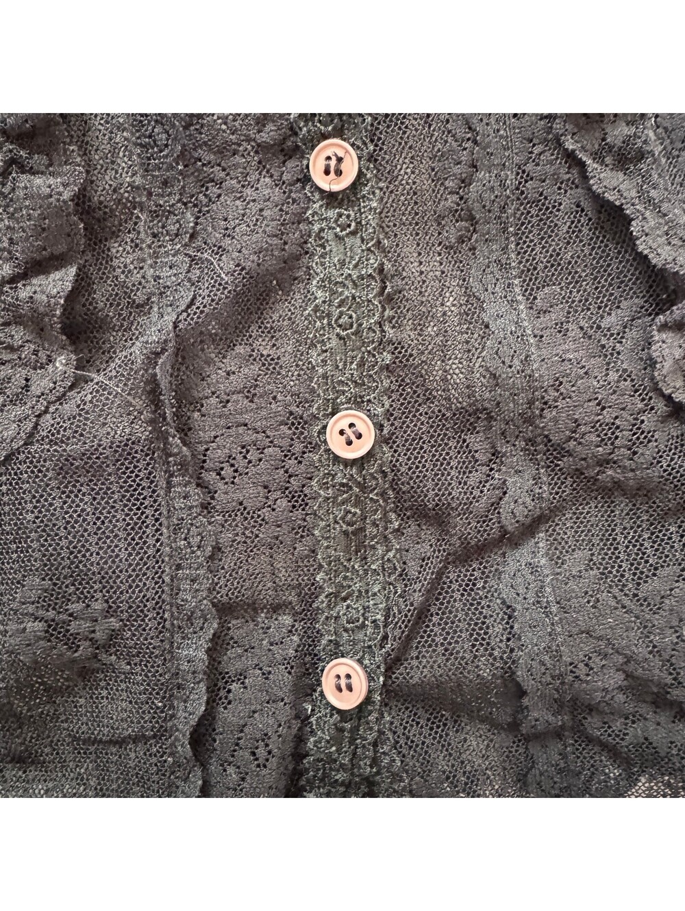 Y2K Black Sheer Floral Lace Ruffle Top Coquette Grunge Mesh Button Up Blouse XS - Picture 2 of 6